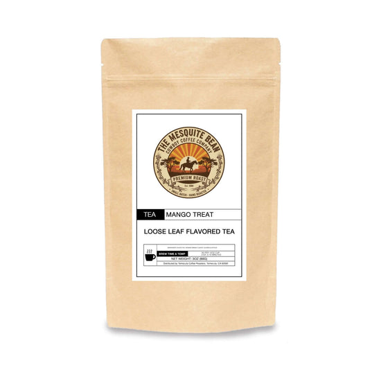Mango Treat Tea packaging featuring loose leaf flavored tea with a fruity blend.